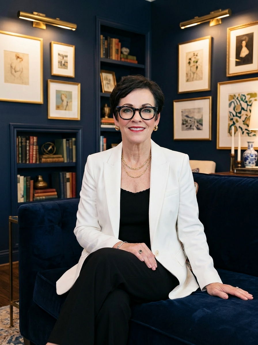 AI brand image of a client seated on a blue velvet sofa in a library