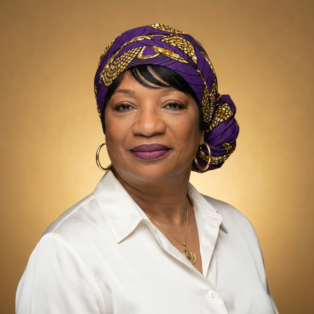 AI brand image of a client in a gold and purple head wrap
