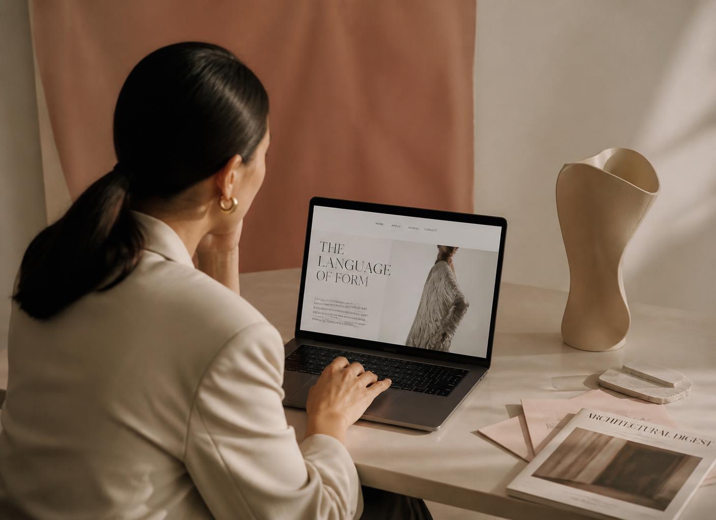Creative director reviewing an elegant website design on a laptop in a cream studio